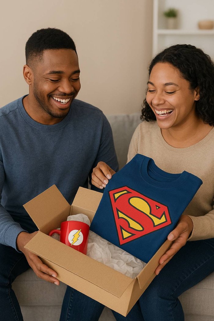 one person watches another person unwrap a gift they were given, and both are happy