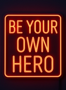 post-herovault Hero Vault Neon Sign – Wall-mount LED sign reading “Be Your Own Hero.”