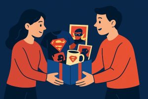 illustration of two characters exchanging a superhero-themed gift box filled with shirts, mugs, and posters.