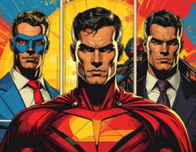 A high-resolution poster featuring iconic heroes — Superman, Batman, Spider-Man, and Iron Man — in a bold comic-style layout.