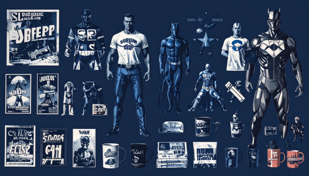 A wide digital collage showing the transformation of superhero merch through time — old comics standing on one side in black and white tone, and modern superhero products like T-shirts, mugs, and figures on the other, all on a dark-toned blue background.